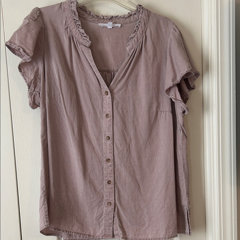 Jane + Delancey Size 1X Mauve Button-Down Shirt with Ruffle Trim